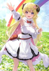 Rule 34 | 1girl, :d, absurdres, ahoge, animal ears, armpits, bag, blonde hair, blue sky, blush, breasts, cloud, curled horns, day, detached sleeves, dress, field, flower, flower field, guchico, hair ornament, hairclip, highres, hololive, horns, long hair, looking at viewer, medium breasts, open mouth, outdoors, outstretched arm, purple eyes, rainbow, scan, sheep ears, sheep girl, sheep horns, sky, sleeveless, sleeveless dress, smile, solo, standing, tsunomaki watame, tsunomaki watame (1st costume), very long hair, virtual youtuber