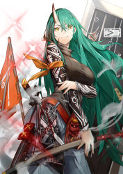 Rule 34 | 1girl, alternate costume, arknights, arm ribbon, arm scarf, belt buckle, bkko, breasts, buckle, closed mouth, cowboy shot, flag, green hair, hair between eyes, highres, holding, holding sword, holding weapon, horns, hoshiguma (arknights), hoshiguma (ronin huntress) (arknights), large breasts, long hair, mask, official alternate costume, oni mask, ribbon, shield, single horn, skin-covered horns, smile, smoke, sparkle, standing, sword, weapon, white background, yellow eyes
