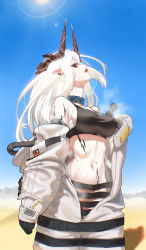 Rule 34 | 1girl, absurdres, albino, arknights, bare shoulders, black gloves, blue sky, breasts, collar, covered erect nipples, cowboy shot, day, desert, earrings, gloves, highres, horns, infection monitor (arknights), jewelry, large breasts, lens flare, long hair, long sleeves, material growth, mudrock (arknights), mudrock (elite ii) (arknights), navel, no panties, off shoulder, open mouth, oripathy lesion (arknights), outdoors, pointy ears, red eyes, sky, solo, sports bra, steam, steaming body, stomach, sunlight, sweat, toned, white hair, yurusu delight