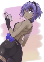 Rule 34 | 1girl, ass, back, backless outfit, breasts, dark skin, dark-skinned female, fate/prototype, fate/prototype: fragments of blue and silver, fate (series), flat ass, hassan of serenity (fate), looking at viewer, mamedenkyuu (berun), mask, unworn mask, purple eyes, purple hair, short hair, small breasts, solo