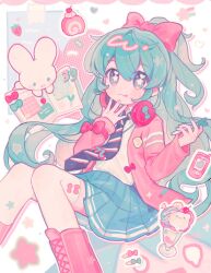 Rule 34 | 1girl, aqua eyes, aqua nails, blue skirt, blush, bow, cake, cellphone, cherry, commentary, fanqiealxe, flip phone, food, fruit, hachune miku, hair bow, hatsune miku, headphones, headphones around neck, high ponytail, highres, ice cream, jacket, long hair, necktie, open clothes, open jacket, pastel colors, phone, pink bow, pink jacket, pleated skirt, project diva (series), ribbon girl (module), sitting, skirt, solo, striped necktie, sundae, swiss roll, symbol-only commentary, vocaloid