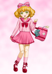 Rule 34 | 00s, 1girl, :d, adapted costume, blonde hair, bow, bowtie, doll joints, full body, green eyes, hinaichigo, ichikawa masahiro, joints, long sleeves, looking at viewer, open mouth, pink background, pink bow, pink shirt, pink skirt, pink theme, red bow, red bowtie, rozen maiden, sailor collar, school uniform, serafuku, shirt, short hair, simple background, skirt, smile, solo, standing