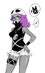 Rule 34 | 1girl, absurdres, arm at side, bandana, bandana over mouth, bare shoulders, black tank top, black wristband, breasts, contrapposto, covered mouth, cowboy shot, creatures (company), cutoffs, game freak, groin, half-closed eyes, hand on own hip, hat, highres, jewelry, kooni, looking at viewer, mask, medium breasts, medium hair, necklace, nintendo, pokemon, pokemon sm, purple eyes, purple hair, short shorts, shorts, simple background, skull-shaped hat, skull hat, sleeveless, solo, speech bubble, standing, tank top, team skull, team skull grunt, thigh strap, v-shaped eyebrows, white background, wristband