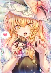Rule 34 | 1girl, arms up, black hat, black vest, blonde hair, bow, braid, character doll, claw pose, doll, fang, hair between eyes, hair ribbon, hakurei reimu, hat, hat bow, head tilt, heart, here (hr rz ggg), highres, holding, holding doll, kirisame marisa, long hair, open mouth, puffy short sleeves, puffy sleeves, ribbon, shirt, short sleeves, single braid, solo, sparkle, spoken heart, standing, touhou, tress ribbon, upper body, very long hair, vest, white shirt, yellow eyes