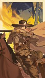 Rule 34 | 1boy, 1girl, absurdres, academy cowboy ga doeda, bird, black hair, blue eyes, brown gloves, card, cloak, cover, cover page, cowboy, cowboy western, gloves, gun, handgun, highres, holding, holding gun, holding weapon, holstered, horse, horseback riding, jacket, jin rou, looking down, novel cover, official art, pistol, playing card, revolver, riding, rifle, textless version, weapon, western, yellow eyes