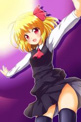 Rule 34 | 1girl, ascot, blonde hair, dress shirt, fang, female focus, from below, gradient background, hair ribbon, light, long sleeves, looking at viewer, open mouth, outline, purple background, red eyes, ribbon, rumia, shadow, shirt, short hair, skirt, solo, thighhighs, touhou, vest, yakumo nanahara