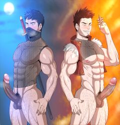 Rule 34 | 2boys, abs, bara, bottomless, cum, male focus, multiple boys, muscular, nipples, pectorals, penis, size difference, steam, sweat, tagme, testicles, toto (artist), yaoi