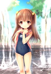 Rule 34 | 1girl, azuma yuki, bad id, bad pixiv id, brown eyes, brown hair, child, covered navel, fountain, long hair, looking at viewer, name tag, one-piece swimsuit, original, school swimsuit, signature, smile, solo, swimsuit, swimsuit under clothes, two side up, wet