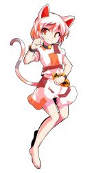 Rule 34 | 1girl, alphes (style), animal ears, barefoot, bell, cat ears, cat tail, closed mouth, dairi, goutokuji mike, hair between eyes, hand up, multicolored clothes, multicolored skirt, neck bell, orange eyes, parody, shirt, short hair, simple background, skirt, smile, solo, standing, style parody, t-shirt, tachi-e, tail, touhou, transparent background, unconnected marketeers, white background, white hair