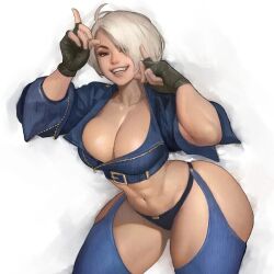 Rule 34 | 1girl, angel (kof), ass cutout, backless pants, blue eyes, bra, breasts, chaps, cleavage, clothing cutout, crop top, cropped jacket, crotch cutout, horns pose, fingerless gloves, gloves, hair over one eye, highres, horns pose, ickpot, index fingers raised, jacket, large breasts, leather, leather jacket, looking at viewer, midriff, narrow waist, navel, panties, pants, revealing clothes, short hair, smile, snk, solo, standing, strapless, strapless bra, the king of fighters, the king of fighters xiv, thick thighs, thighs, toned, underwear, white background, white hair