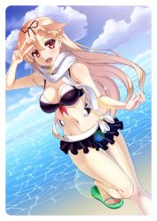 Rule 34 | 10s, 1girl, absurdres, adapted costume, alternate costume, bare shoulders, beach, bikini, bikini skirt, black ribbon, blonde hair, blue sky, blush, braid, breasts, cleavage, cloud, day, fang, gokurakutensi, hair flaps, hair ornament, hair ribbon, hairclip, highres, kantai collection, large breasts, long hair, looking at viewer, messy hair, navel, ocean, open mouth, outdoors, red eyes, ribbon, sand, sandals, scarf, sky, smile, solo, swimsuit, v, yuudachi (kancolle), yuudachi kai ni (kancolle)