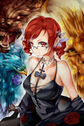 Rule 34 | 1girl, animal, bare shoulders, breasts, dress, drill hair, flower, gart, ginger (sword girls), glasses, lowres, nold (sword girls), red eyes, red hair, rose, solo, sword girls, twin drills, twintails, vernika answer