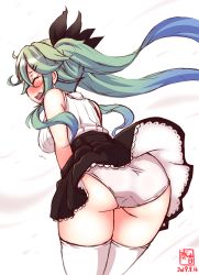 Rule 34 | 1girl, alternate costume, artist logo, ass, black ribbon, black skirt, blue ribbon, blush, commentary request, cowboy shot, dated, closed eyes, from behind, green hair, hair ornament, hair ribbon, hairclip, highres, kanon (kurogane knights), kantai collection, leaning forward, long hair, panties, pantyshot, ponytail, ribbed sweater, ribbon, sidelocks, simple background, skirt, sleeveless, sleeveless sweater, solo, standing, sweater, underskirt, underwear, white background, white legwear, white panties, white sweater, wind, wind lift, yamakaze (kancolle)