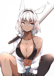 Rule 34 | 1girl, animal ears, bad id, bad pixiv id, bare shoulders, belt, bikini, black bikini, blue eyes, blue shorts, body markings, breasts, buckle, caenis (fate), cleavage, collarbone, dark-skinned female, dark skin, denim, denim shorts, dog tags, fate/grand order, fate (series), hair intakes, hairband, jacket, large breasts, long hair, long sleeves, mituyota 76, navel, off shoulder, open clothes, open jacket, open mouth, polearm, short shorts, shorts, simple background, single thighhigh, solo, spear, squatting, swimsuit, tattoo, thighhighs, weapon, white background, white hair, white jacket