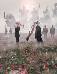 Rule 34 | 2girls, 6+boys, absurdres, black jacket, black pants, closed eyes, creature, falling petals, field, flower, flower field, formal, from side, giant, grey hair, hand in pocket, high ponytail, highres, holding, holding staff, jacket, long hair, looking up, low ponytail, multicolored hair, multiple boys, multiple girls, necktie, original, outdoors, own hands together, pants, petals, red hair, sky, staff, standing, suit, sun, syo5, very long hair, walking, wide sleeves