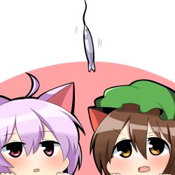 Rule 34 | 10s, 2girls, ahoge, animal ears, blush, brown eyes, brown hair, cat ears, chen, crossover, fang, fish, fishing line, fishing lure, hat, kantai collection, mob cap, multiple girls, open mouth, pink eyes, purple hair, tama (kancolle), touhou, trait connection, twumi