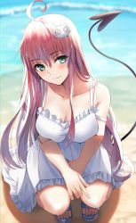 Rule 34 | 1girl, ahoge, beach, between legs, blurry, blurry background, blush, breasts, cleavage, closed mouth, collarbone, day, demon tail, dress, frilled dress, frills, green eyes, hair between eyes, hair ornament, hand between legs, highres, lala satalin deviluke, long hair, looking at viewer, medium breasts, nicky w, outdoors, pink hair, sleeveless, sleeveless dress, smile, solo, squatting, straight hair, sundress, tail, to love-ru, very long hair, wet hat, white dress