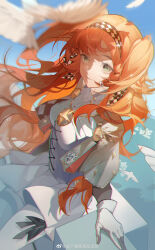 Rule 34 | 1girl, absurdres, bird, blue sky, blurry, blurry foreground, braid, breasts, checkered hairband, chinese commentary, chromatic aberration, closed mouth, commentary request, day, dress, gloves, green eyes, highres, long hair, looking at viewer, medium breasts, orange hair, outdoors, pants, reverse:1999, side braid, sitting, sky, smile, solo, sonetto (reverse:1999), star (symbol), two side up, weibo watermark, white bird, white dress, white gloves, white pants, yuekui