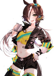 Rule 34 | 1girl, :d, absurdres, animal ears, belt, black belt, black jumpsuit, black shorts, black thighhighs, bottle, breasts, brown hair, canteen, collarbone, commentary request, cowboy shot, crop top, cropped legs, ear ornament, groin, hair between eyes, hair over one eye, hand on own hip, highres, holding, holding bottle, horse ears, horse girl, horse tail, jacket, jumpsuit, leather, leather jacket, long hair, long sleeves, looking at viewer, low ponytail, midriff, multicolored hair, navel, nekosuzu an, open clothes, open jacket, open mouth, shirt, short shorts, shorts, sidelocks, simple background, small breasts, smile, solo, standing, stomach, stopwatch, stopwatch around neck, tail, thighhighs, thighs, umamusume, very long hair, vodka (umamusume), white background, white hair, yellow eyes, yellow shirt
