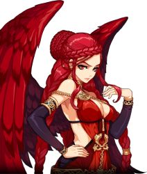 Rule 34 | 1girl, angel wings, braid, breasts, jewelry, lipstick, long hair, lots of jewelry, mabinogi, macha (mabinogi), makeup, no bra, red eyes, red hair, red wings, very long hair, wings