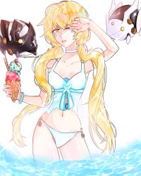 Rule 34 | blonde hair, drone, elsword, eve (elsword), facial mark, food, hand on own face, highres, ice cream, long hair, moby (elsword), one eye closed, remy (elsword), sparkle, sulleah, swimsuit, water