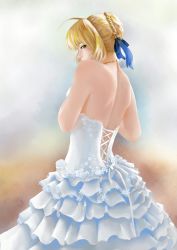 Rule 34 | ahoge, artoria pendragon (all), artoria pendragon (fate), back, backless dress, backless outfit, bad id, bad pixiv id, bare shoulders, blonde hair, braid, dress, fate/stay night, fate (series), french braid, from behind, green eyes, highres, looking at viewer, looking back, pleated dress, saber (fate), short hair, shoulder blades, snowflakes, solo, strapless, strapless dress, white dress, xiao qigai luoke