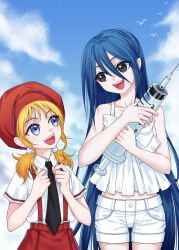 Rule 34 | 2girls, :d, aged down, bare arms, bare shoulders, beret, bird, black eyes, black necktie, blonde hair, blue eyes, blue hair, blue sky, bow, camisole, cang yue (tou xing jiuyue tian), clenched hands, cloud, collared shirt, cowboy shot, frilled camisole, frills, hair between eyes, hands up, hat, highres, holding, holding syringe, kumu zaisheng, large syringe, long hair, looking at another, low twintails, medium hair, midriff, multiple girls, necktie, open mouth, outdoors, oversized object, red headwear, red skirt, shirt, short shorts, short sleeves, shorts, skirt, sky, smile, suspender skirt, suspenders, syringe, teeth, tou xing jiuyue tian, twintails, upper body, upper teeth only, very long hair, white bow, white camisole, white shirt, white shorts, yi yue (tou xing jiuyue tian)