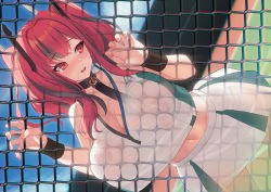Rule 34 | 1girl, against fence, azur lane, bare shoulders, black collar, black hair, blue sky, blush, breasts, bremerton (azur lane), bremerton (scorching-hot training) (azur lane), chain-link fence, chromatic aberration, cleavage, cloud, collar, collarbone, commentary request, covered erect nipples, cowboy shot, crop top, crop top overhang, crossed bangs, day, dutch angle, fence, green skirt, hair between eyes, hair intakes, hair ornament, large breasts, leash, long hair, looking back, midriff, mole, mole under eye, multicolored hair, nail polish, navel, nose blush, official alternate costume, open mouth, outdoors, pink eyes, pink hair, pink nails, see-through, shirt, sidelocks, skirt, sky, sleeveless, sleeveless shirt, solo, sportswear, standing, streaked hair, sweat, takibi (tamikyo), teeth, tennis court, tennis uniform, twintails, two-tone hair, two-tone shirt, two-tone skirt, upper teeth only, wet, wet clothes, wet shirt, white shirt, white skirt, wristband