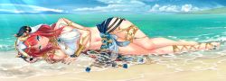 Rule 34 | 1girl, barefoot, beach, blue gemstone, blue sky, breasts, clothing cutout, cloud, crop top, day, forehead jewel, full body, gem, genshin impact, green eyes, harem outfit, highres, horns, kousaki natsu, large breasts, legs, long hair, looking at viewer, lying, navel, nilou (genshin impact), ocean, on side, outdoors, parted bangs, parted lips, red hair, shallow water, sky, smile, solo, stomach, toeless footwear, toes, vambraces, veil, vision (genshin impact), water, wet, white headdress