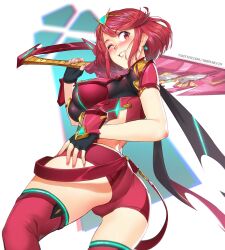 Rule 34 | 1girl, ;), absurdres, aegis sword (xenoblade), ass, black gloves, blush, breasts, commentary, earrings, english commentary, fingerless gloves, gloves, grin, highres, jewelry, large breasts, looking at viewer, mleth, one eye closed, over shoulder, paid reward available, pyra (xenoblade), red eyes, red hair, red shorts, red thighhighs, short hair, short shorts, short sleeves, shorts, simple background, smile, solo, sword, sword over shoulder, thighhighs, tiara, twitter username, weapon, weapon over shoulder, xenoblade chronicles (series), xenoblade chronicles 2