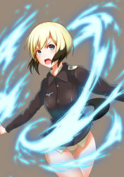 Rule 34 | 1girl, blonde hair, blue eyes, brown hair, dog tail, erica hartmann, grey background, highres, jacket, long sleeves, magic, military, military uniform, multicolored hair, no pants, open mouth, orusuban, panties, short hair, simple background, solo, strike witches, tail, thigh gap, two-tone hair, underwear, uniform, white panties, world witches series