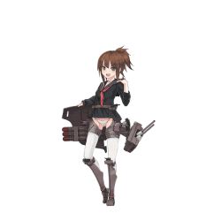 Rule 34 | 1girl, :d, akatsuki (warship girls r), armor, armored boots, belt, black shirt, boots, bottomless, breasts, brown hair, cannon, full body, greaves, green eyes, grey footwear, hair ornament, hairclip, hand on own shoulder, knees apart feet together, looking at viewer, machinery, official art, open mouth, panties, remodel (warship girls r), sailor collar, shirt, short ponytail, small breasts, smile, solo, standing, stmast, thighhighs, torpedo, transparent background, turret, underwear, warship girls r, white panties, white thighhighs
