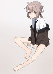 Rule 34 | 1girl, absurdres, ahoge, bare legs, barefoot, between legs, black necktie, collared shirt, commentary request, full body, girls&#039; frontline, grey background, grey hair, hand between legs, highres, jacket, kro (kroooxd), long hair, long sleeves, looking at viewer, m200 (girls&#039; frontline), necktie, off shoulder, open clothes, open jacket, ponytail, purple eyes, shirt, simple background, sitting, solo, sweat, white shirt