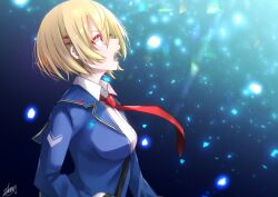 Rule 34 | 1girl, blonde hair, blue background, blue jacket, breasts, commentary, dress shirt, eyelashes, floating clothes, from side, hair ornament, hairclip, heaven burns red, highres, jacket, kayamori ruka, light particles, long sleeves, looking up, medium breasts, necktie, nose, open mouth, profile, red eyes, red necktie, school uniform, shirt, short hair, shouting, signature, simple background, solo, teeth, upper body, v-shaped eyebrows, white shirt, yanagiba sakana