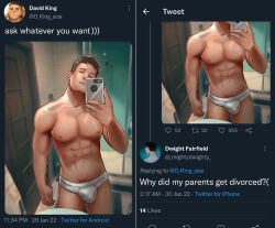 Rule 34 | 1boy, abs, bara, black hair, bulge, character name, closed mouth, david king (dead by daylight), dead by daylight, dessa nya, dwight fairfield, english text, fake phone screenshot, fake screenshot, highres, holding, holding phone, large pectorals, male focus, male underwear, meme, muscular, muscular male, navel, nipples, pectorals, phone, profile picture, selfie, short hair, tweet, twitter, underwear, white male underwear
