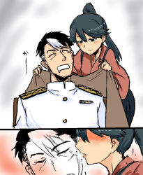 Rule 34 | 10s, 1boy, 1girl, admiral (kancolle), blue hair, blush, closed eyes, covering privates, covering with blanket, gradient background, houshou (kancolle), imminent kiss, japanese clothes, kantai collection, kimono, long hair, military, military uniform, naval uniform, open mouth, ponytail, saliva, scar, short hair, sleeping, smile, uniform, wolf (raidou-j)