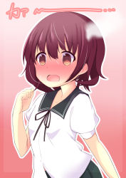 Rule 34 | 10s, 1girl, @ @, blush, brown eyes, brown hair, embarrassed, full-face blush, gradient background, green sailor collar, green skirt, kantai collection, mutsuki (kancolle), open mouth, pleated skirt, puffy short sleeves, puffy sleeves, sailor collar, school uniform, serafuku, short hair, short sleeves, skirt, solo, sou (soutennkouchi), steam, upper body