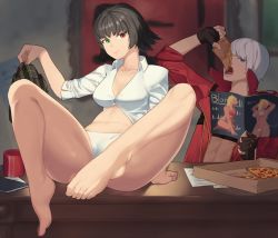Rule 34 | 1boy, 1girl, bad id, bad twitter id, barefoot, bikini, black hair, blurry, blurry background, breasts, cover, dante (devil may cry), devil may cry, devil may cry (series), devil may cry 3, feet, fingerless gloves, food, gloves, heterochromia, lady (devil may cry), magazine cover, navel, panties, partially unbuttoned, pizza, silver hair, sitting, skirt, unworn skirt, smile, stomach, suwaiya, swimsuit, toes, underwear, white panties