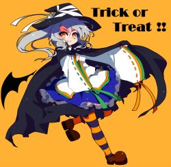Rule 34 | 1girl, bat wings, cape, female focus, halloween, hat, japanese clothes, kamome, kariginu, mononobe no futo, orange background, pantyhose, ponytail, ribbon, short hair, silver hair, skirt, smile, solo, striped clothes, striped pantyhose, touhou, trick or treat, wide sleeves, wings, witch hat, yellow eyes