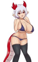 Rule 34 | 1girl, :d, bare shoulders, bikini, black thighhighs, blue bikini, blush, breasts, cleavage, collarbone, dragon girl, dragon tail, fang, hair between eyes, hands up, highres, horns, huge breasts, looking at viewer, nav (itsnav), navel, open mouth, original, pointy ears, red eyes, short hair, silver hair, simple background, skindentation, smile, solo, standing, strap gap, swimsuit, tail, thighhighs, white background