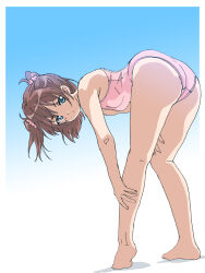 Rule 34 | 1girl, aqua eyes, ass, ass focus, bare arms, bare legs, bare shoulders, barefoot, blue background, breasts, brown hair, closed mouth, feet, gradient background, hal-py, hands on own knees, high school fleet, kneepits, leaning forward, legs, leotard, medium hair, ogasawara hikari, pink leotard, pink scrunchie, scrunchie, small breasts, solo, standing, two side up, white background