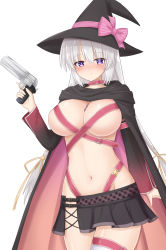 Rule 34 | 1girl, :c, arm behind back, ayachi nene, belt, belt buckle, black hat, black skirt, blush, bow, breasts, buckle, cape, check commentary, cleavage, closed mouth, commentary request, eyebrows, gun, hair between eyes, handgun, hat, hat bow, highres, holding, holding gun, holding weapon, jewelry, large breasts, long hair, multicolored cape, multicolored clothes, navel, necklace, object on breast, pink bow, pleated skirt, purple eyes, red belt, revolver, sanoba witch, silver hair, skirt, solo, standing, striped, striped bow, weapon, witch hat, yuunagi (yunagi1373)