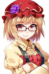 Rule 34 | 1girl, aki minoriko, bespectacled, blonde hair, blush, collared shirt, crossed arms, e.o., eyebrows, food, fruit, glasses, grapes, hat, highres, juliet sleeves, lips, long sleeves, looking at viewer, mob cap, portrait, puffy sleeves, red eyes, red hat, shirt, short hair, simple background, smile, solo, suspenders, touhou, upper body, white background, wing collar, yellow shirt