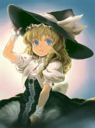 Rule 34 | 1girl, adapted costume, alternate costume, alternate eye color, blonde hair, blue eyes, bow, braid, colored eyelashes, curiosities of lotus asia, female focus, fingerless gloves, frills, gloves, hand on headwear, hat, hat bow, insyu, kirisame marisa, long hair, parted lips, puffy short sleeves, puffy sleeves, short sleeves, side braid, simple background, single braid, solo, touhou, white bow, white gloves, witch hat