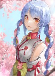 Rule 34 | 1girl, alternate costume, alternate hair color, arms at sides, bare shoulders, bell, blue hair, bow, braid, breasts, chan1moon, cherry blossoms, china dress, chinese clothes, collar, commentary, detached sleeves, dress, hair bell, hair ornament, highres, hikimayu, hololive, hololive fantasy, jingle bell, light blush, long hair, looking at viewer, no animal ears, open mouth, orange eyes, pink hair, red bow, red collar, red dress, sakura miko, sakura miko (1st costume), short eyebrows, sky, sleeveless, sleeveless dress, small breasts, smile, standing, thick eyebrows, twin braids, upper body, usada pekora, virtual youtuber, white dress, yellow dress