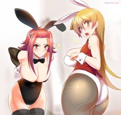 Rule 34 | 2girls, absurdres, animal ears, ass, bare shoulders, black legwear, black leotard, blonde hair, bow, bowtie, breasts, cleavage, closed mouth, detached collar, detached sleeves, fake animal ears, fishnet pantyhose, fishnets, forehead, hair between eyes, highleg, highleg leotard, highres, izayoi aki, lace, lace-trimmed legwear, lace trim, large breasts, leaning forward, leotard, long hair, looking back, mattari yufi, multiple girls, open mouth, pantyhose, parted bangs, playboy bunny, rabbit ears, rabbit tail, red eyes, red hair, red vest, short hair with long locks, smile, strapless, strapless leotard, tail, tenjouin asuka, thighhighs, thighs, vest, white leotard, wrist cuffs, yellow eyes, yu-gi-oh!, yu-gi-oh! 5d&#039;s, yu-gi-oh! gx