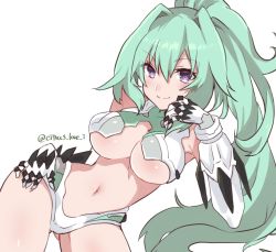 Rule 34 | 1girl, bodysuit, breasts, cleavage, contrapposto, gloves, green hair, green heart (neptunia), haruna (citrus love i), highres, large breasts, long hair, looking at viewer, navel, neptune (series), ponytail, purple eyes, simple background, smile, solo, thighs, underboob, vert (neptunia), white background