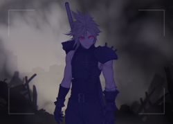 Rule 34 | 1boy, armor, bare shoulders, belt, black gloves, blonde hair, building, closed mouth, cloud strife, dark, final fantasy, final fantasy vii, gloves, glowing, glowing eyes, hair between eyes, kiki lala, looking at viewer, male focus, outdoors, pauldrons, post-apocalypse, recording, red eyes, rubble, shoulder armor, silhouette, single bare shoulder, single pauldron, smoke, solo, spiked hair, square enix, standing, sword, weapon, weapon on back