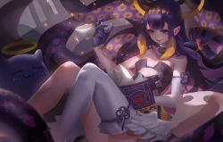 Rule 34 | 1girl, bare shoulders, book, bow, cleavage cutout, closed eyes, clothing cutout, creature, cup, elbow gloves, gloves, gradient hair, halo, highres, hololive, hololive english, long hair, low wings, mini wings, mole, mole under eye, multicolored hair, ninomae ina&#039;nis, ninomae ina&#039;nis (1st costume), open book, orange hair, patterned, purple gloves, purple hair, reading, single thighhigh, sitting, teacup, tentacle hair, tentacles, thighhighs, virtual youtuber, white gloves, white thighhighs, wings, wuya tian