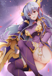 Rule 34 | 1girl, armlet, armor, ass, backlighting, bikini armor, blush, bracelet, breasts, collar, detached sleeves, dress, earrings, fate/grand order, fate (series), floral print, hair ribbon, highres, jewelry, kama (fate), kama (second ascension) (fate), large breasts, long hair, looking at viewer, metal collar, open mouth, pelvic curtain, petals, purple dress, purple sleeves, purple thighhighs, red eyes, revision, ribbon, ring, sezok, sideboob, silver hair, smile, solo, thighhighs, thighlet, thighs, vajra (object)